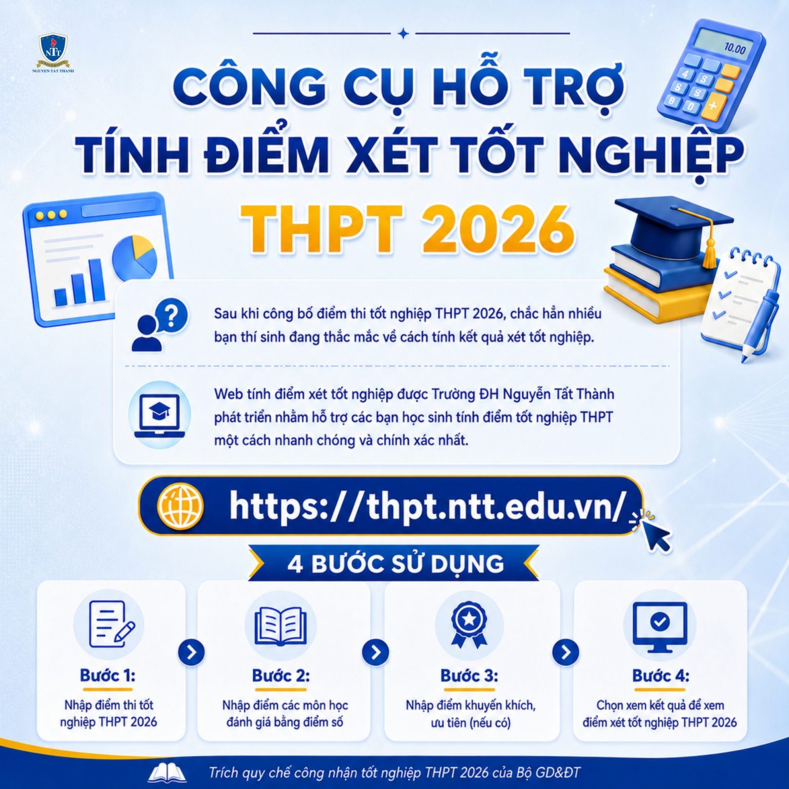 Công cụ tính điểm xét tốt nghiệp THPT trực tuyến của Trường Đại học Nguyễn Tất Thành hỗ trợ học sinh chủ động kiểm tra dữ liệu trước khi hoàn tất thủ tục đăng ký nguyện vọng.