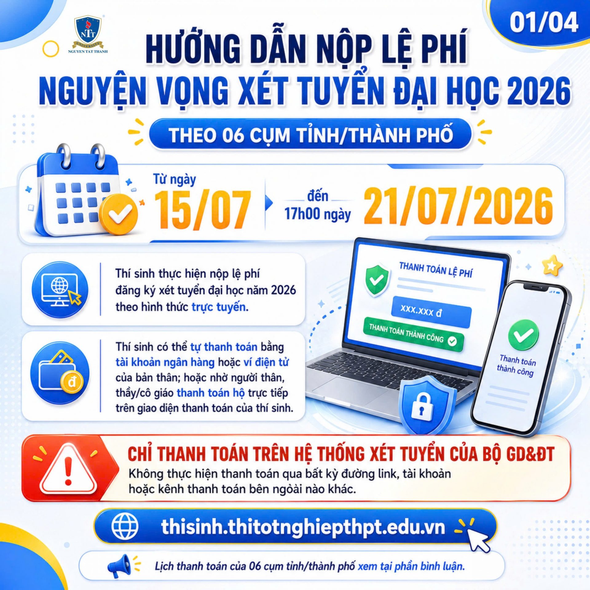 Hướng dẫn nộp lệ phí nguyện vọng xét tuyển đại học năm 2026 theo 06 cụm tỉnh, thành phố