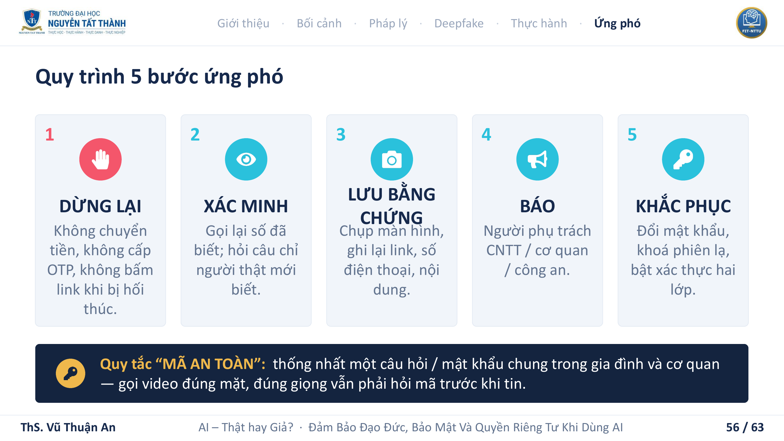 Báo cáo viên hướng dẫn quy trình 5 bước ứng phó khi phát hiện dấu hiệu lừa đảo, giả mạo hoặc sự cố liên quan đến AI, giúp người tham dự chủ động xử lý và hạn chế rủi ro trên môi trường số.