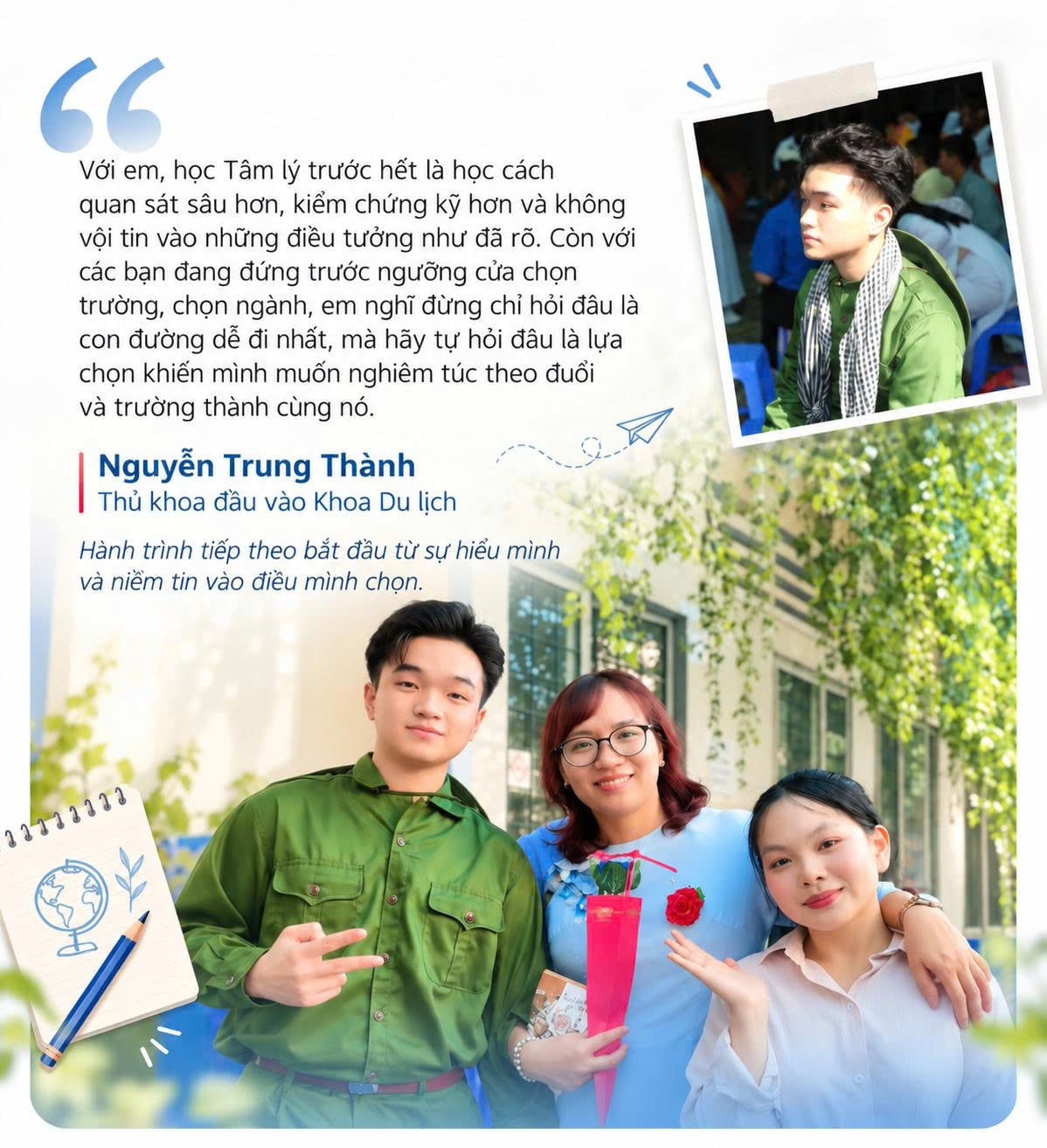 Từ niềm yêu thích Văn chương đến lựa chọn ngành Tâm lý học, thủ khoa đầu vào Khoa Du lịch Nguyễn Trung Thành kỳ vọng tiếp tục phát triển kiến thức, kỹ năng và định hướng nghề nghiệp tại Trường Đại học Nguyễn Tất Thành